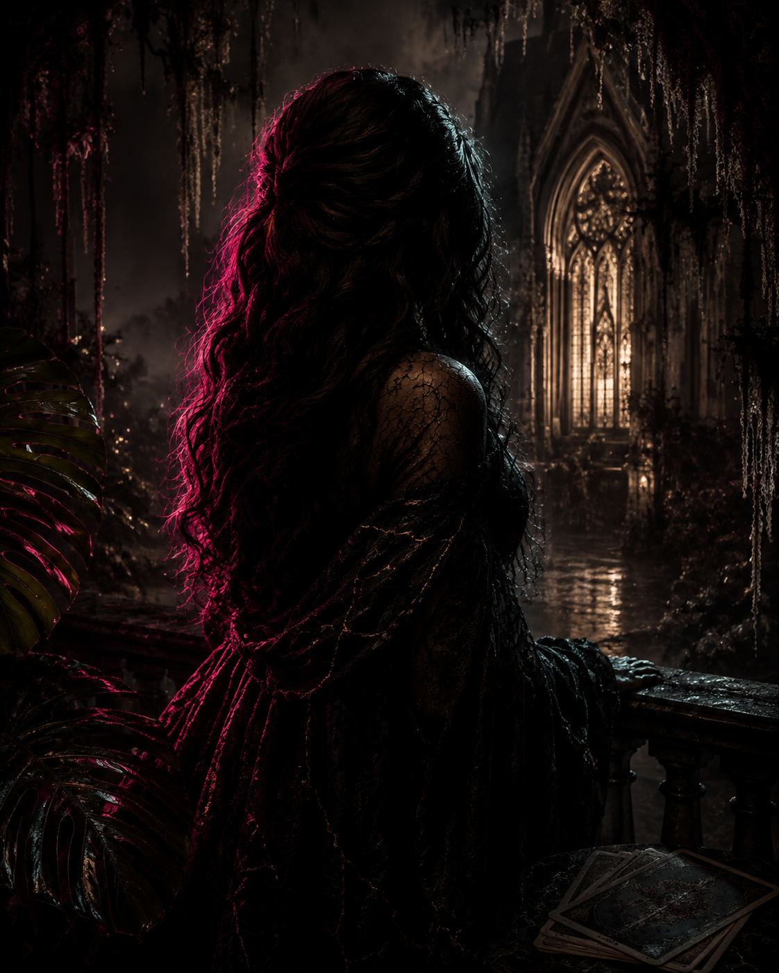 Faceless dark-haired woman in a rain-soaked Louisiana Gothic setting