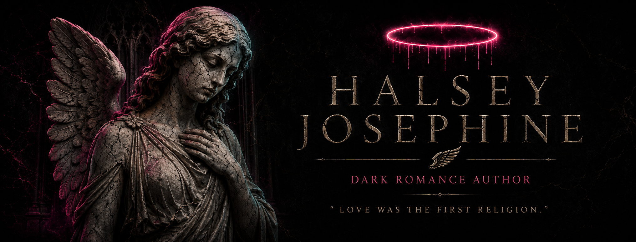 Cracked stone angel illuminated in pink and blue